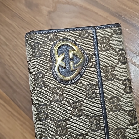 🔥GUCCI HEART SIGNATURE JACQUARD GG BROWN LEATHER TRIM WALLET - Picture 10 of 10